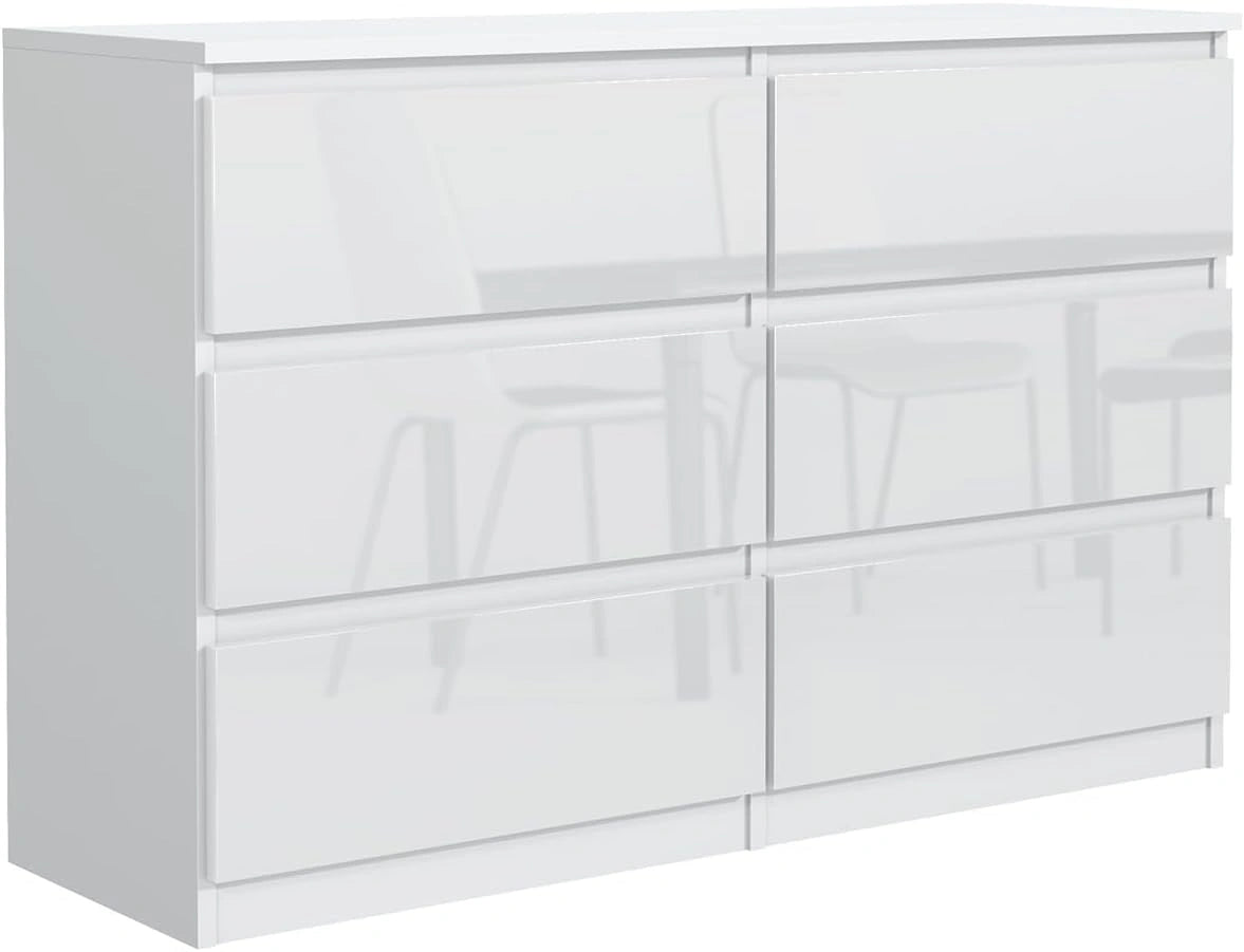 Commode Moderne 6 Tiroirs Blanc Brillant 120 cm pour Chambre ou Bureau