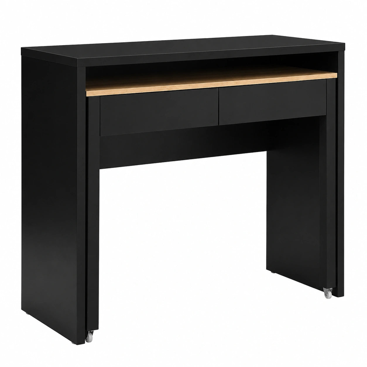 Bureau console extensible avec tiroirs noirs et naturels