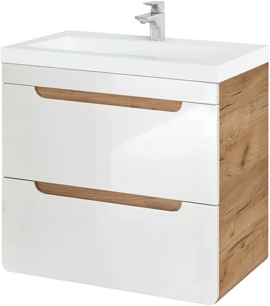 Ensemble de meuble de salle de bain blanc brillant, lavabo en céramique, finition chêne, avec 2 tiroirs soft-close