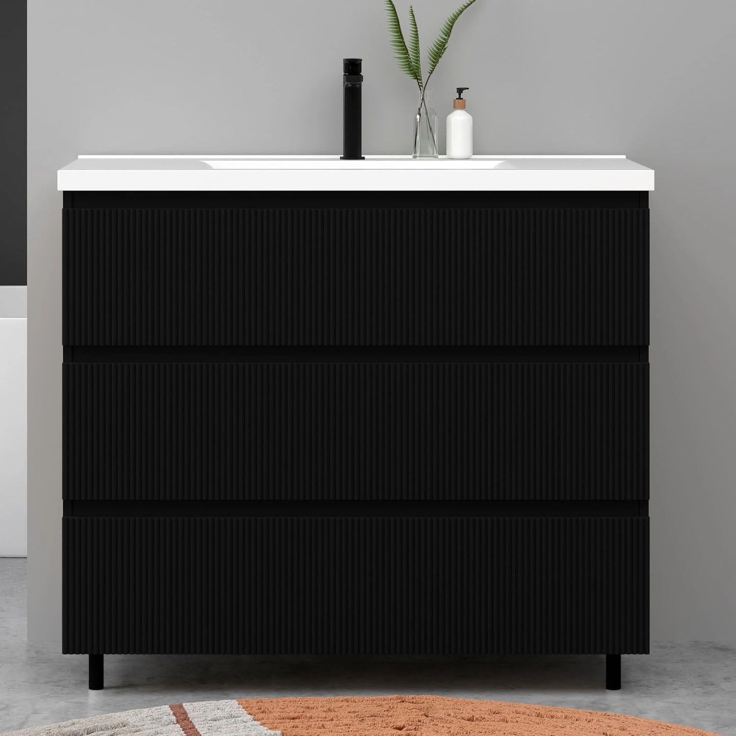 Ensemble de Meubles de Salle de Bain Flottants 99 cm, 3 Tiroirs, Vasque en Céramique, Finition Noir Mat