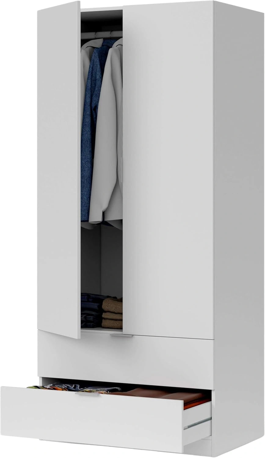 Armoire Penderie Moderne 2 Portes 2 Tiroirs - Blanc, 81,2 x 180 x 52 cm