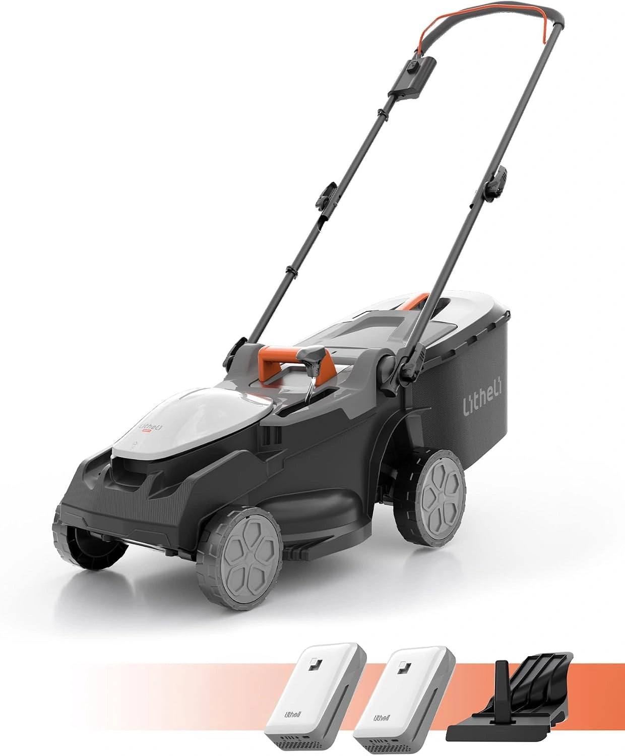 Tondeuse à Gazon Sans Fil Litheli 38cm, 2 Batteries 20V 4.0Ah, Hauteur Ajustable 25-75mm, Bac de 40L, Pour Pelouses Jusqu'à 300m²