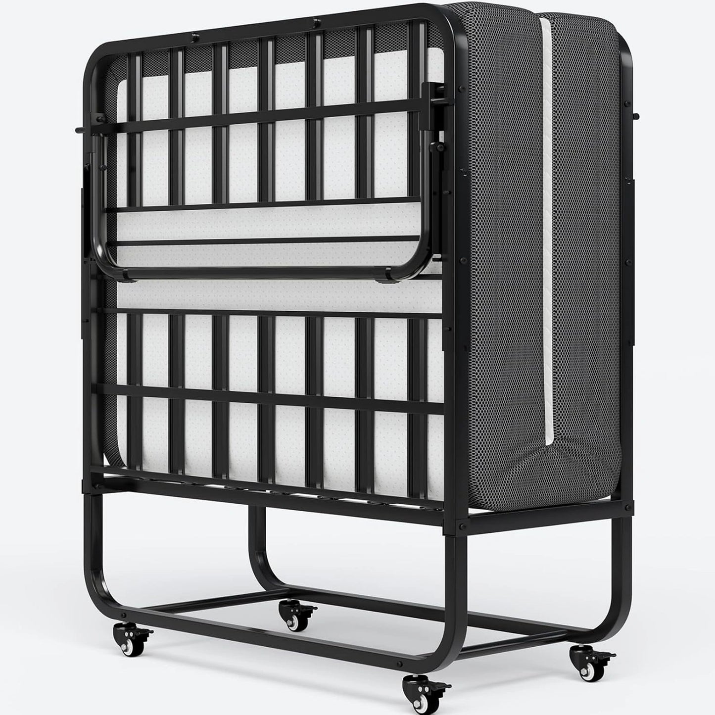 Lit Pliant Adulte 90x200cm avec Matelas en Mousse Mémoire, Charge 250KG, 4 Roulettes