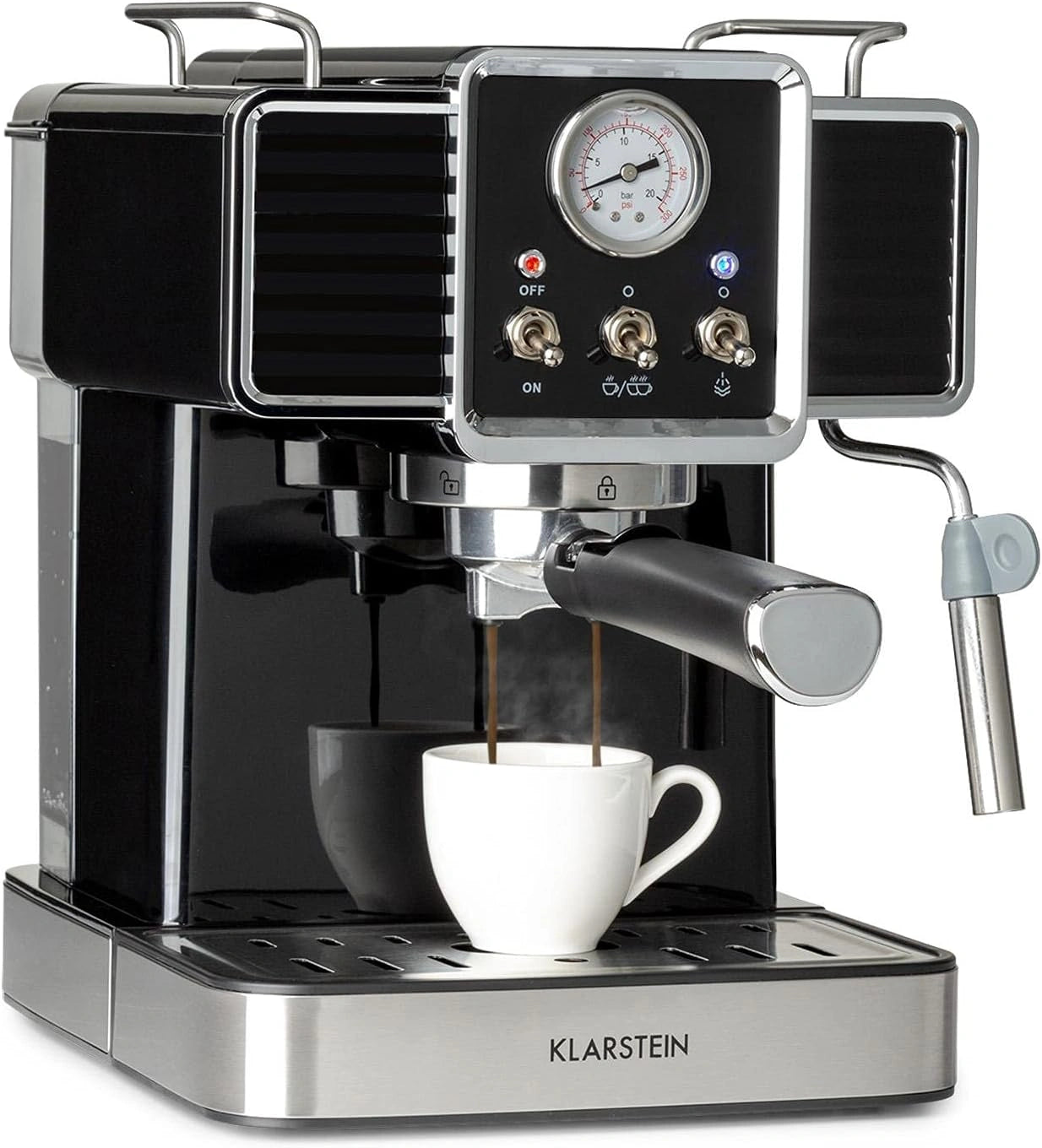 KLARSTEIN Gusto Classic - Machine à Café Espresso 1350W, 20 Bars, Réservoir 1,5L, Grille Inox Amovible - Noir