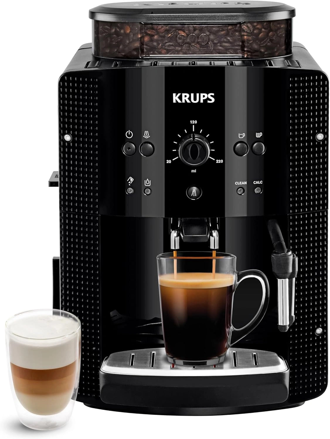 Machine à café en grains Krups, expresso automatique, 2 tasses simultanées, nettoyage facile, buse vapeur pour cappuccino, cafetière noir YY8125FD
