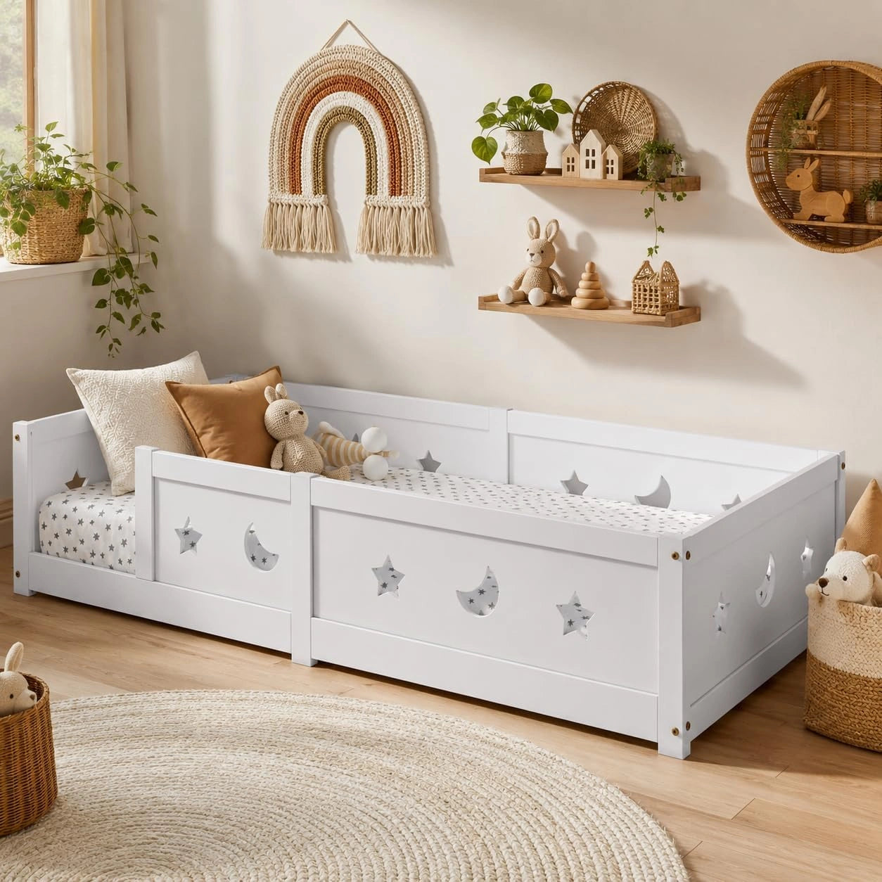 Lit enfant Montessori 90x200 cm avec barrières et sommier à lattes en bois, blanc