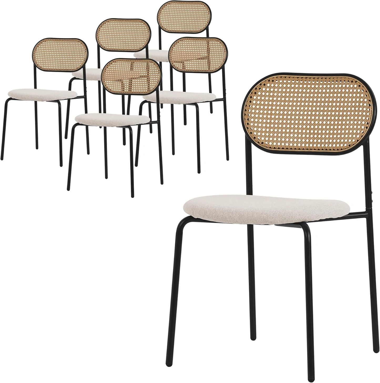 Ensemble de 6 Chaises Élégantes en Rotin Tressé avec Structure Métallique et Assise Beige Confortable pour Salle à Manger