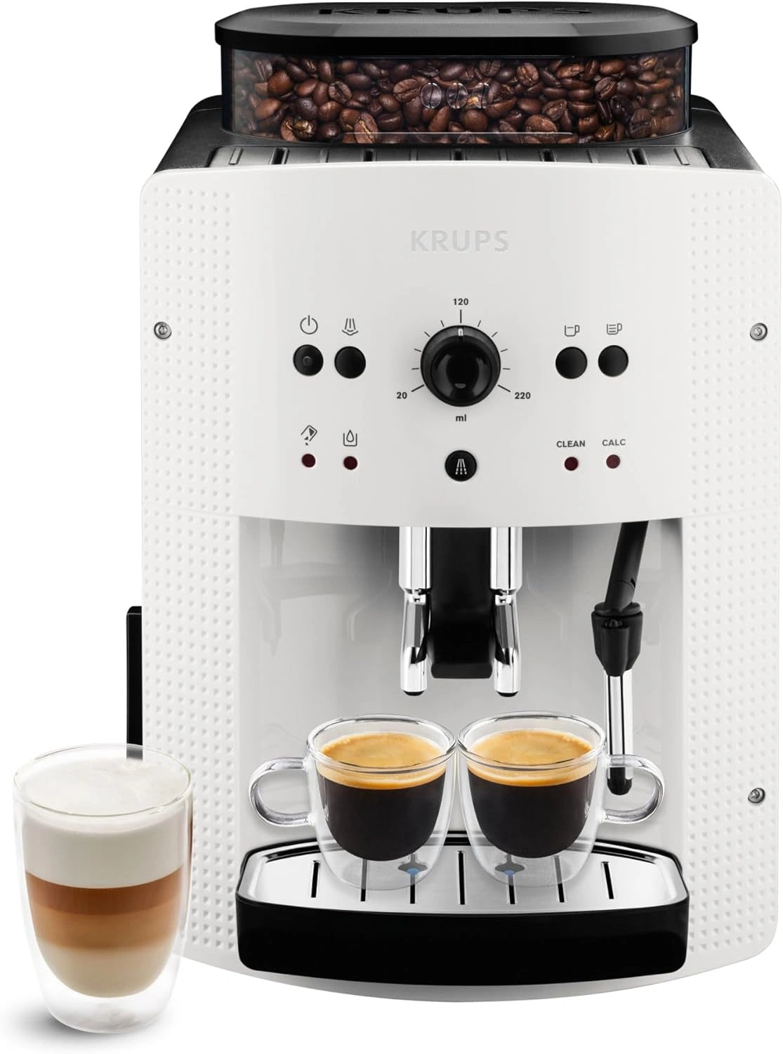 KRUPS Machine à Café Automatique, Broyeur à Grains, 2 Expressos, Nettoyage Auto, Buse Vapeur Cappuccino, Modèle Blanc EA810570