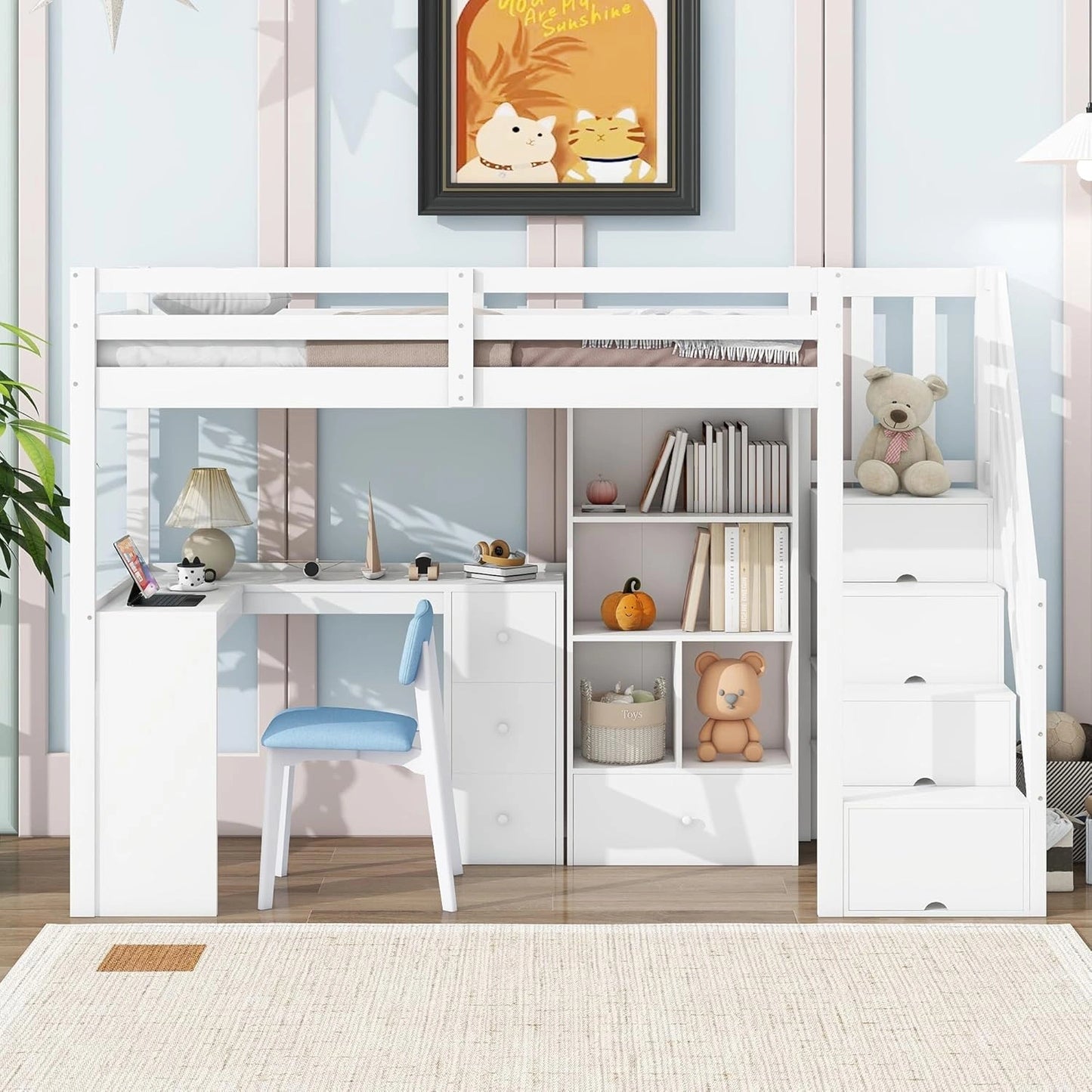 Lit Mezzanine Enfant 90x200 avec Bureau Intégré et Rangement Multifonction