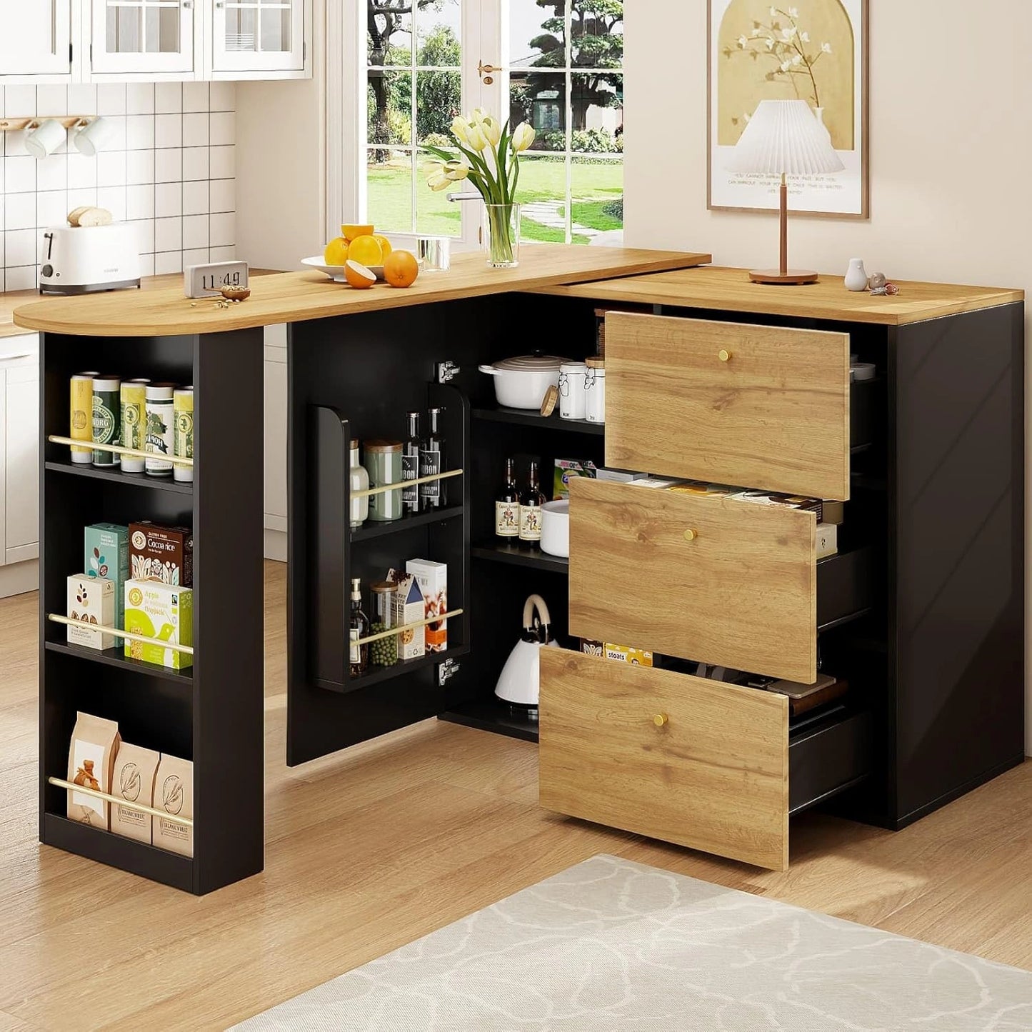 Table de Bar Extensible avec Rangement, Rotation 360°, Noir