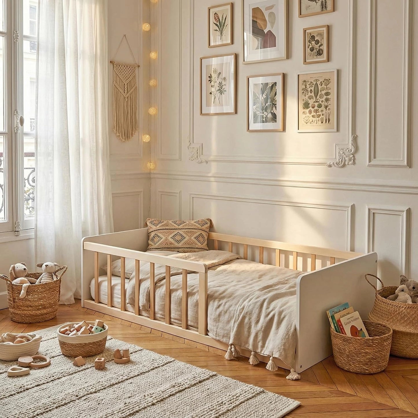 Lit pour Enfant 70x140 avec Sommier, Blanc et Bois Naturel