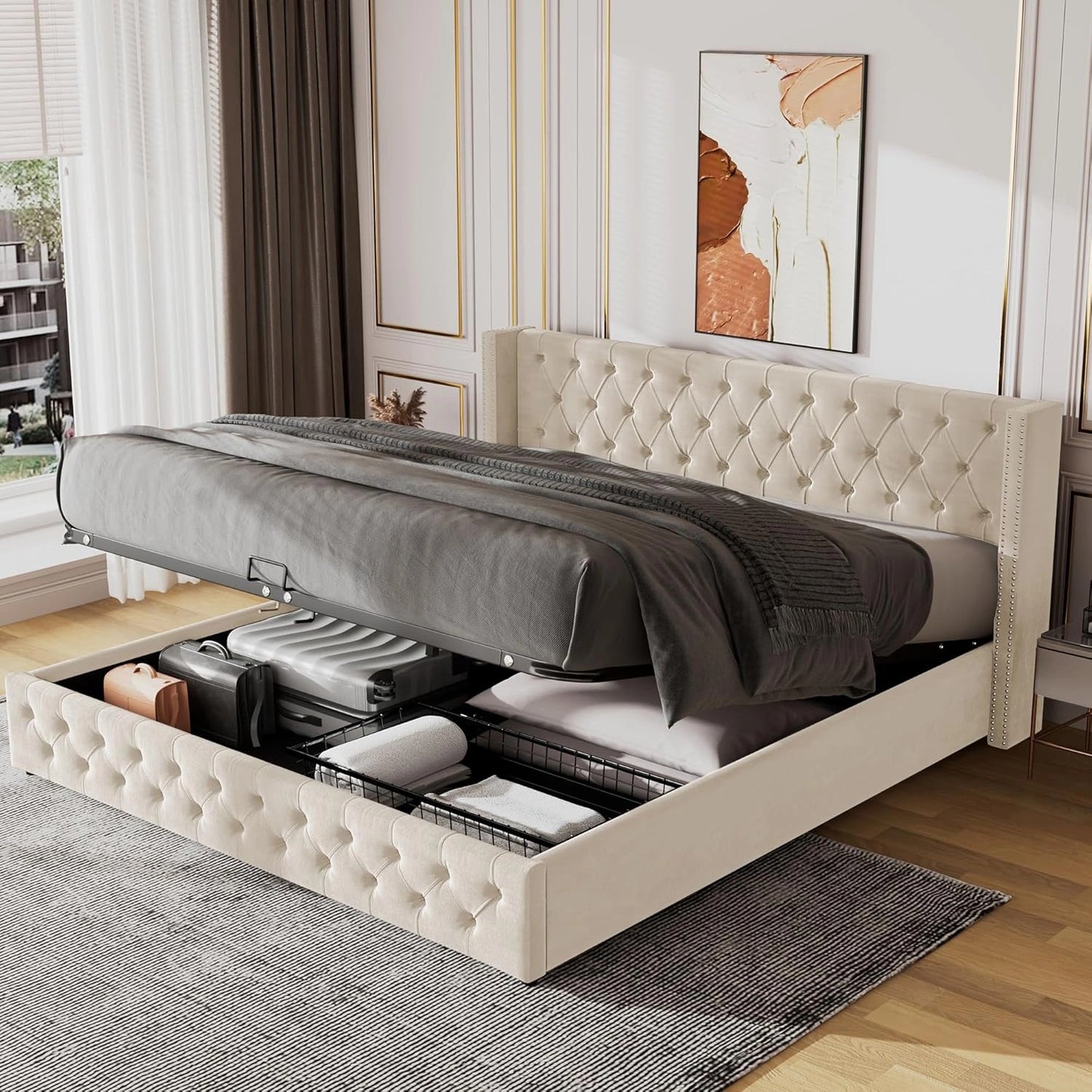 Lit Double en Flanelle Beige 140x200 cm avec Rangement et Tête de Lit Hydraulique