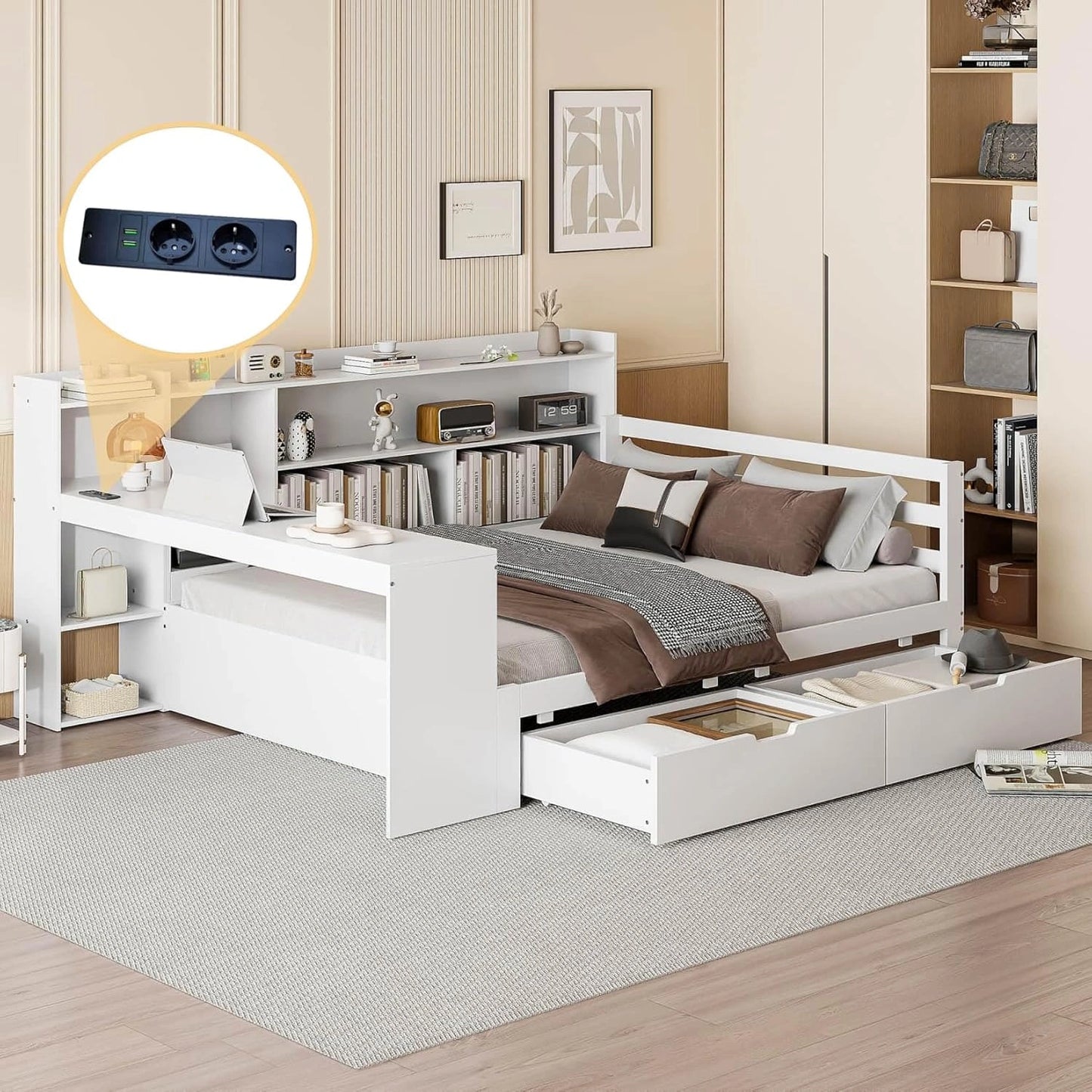 Lit Multifonction 140x200cm avec Rangement et Bureau, 2 Tiroirs et Prise Électrique, Cadre en Bois Blanc pour Tous Âges