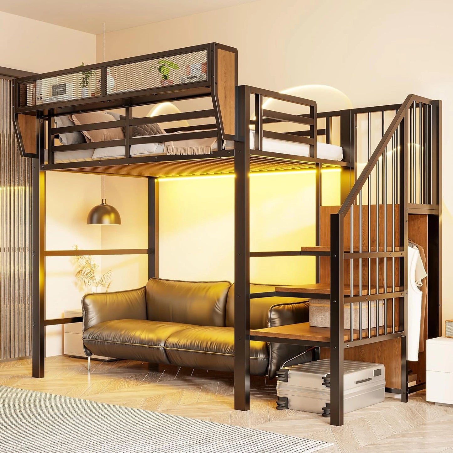Lit Mezzanine en Métal 90x200 cm avec Éclairage LED et Échelle Sécurisée, Espace de Rangement Intégré, Noir