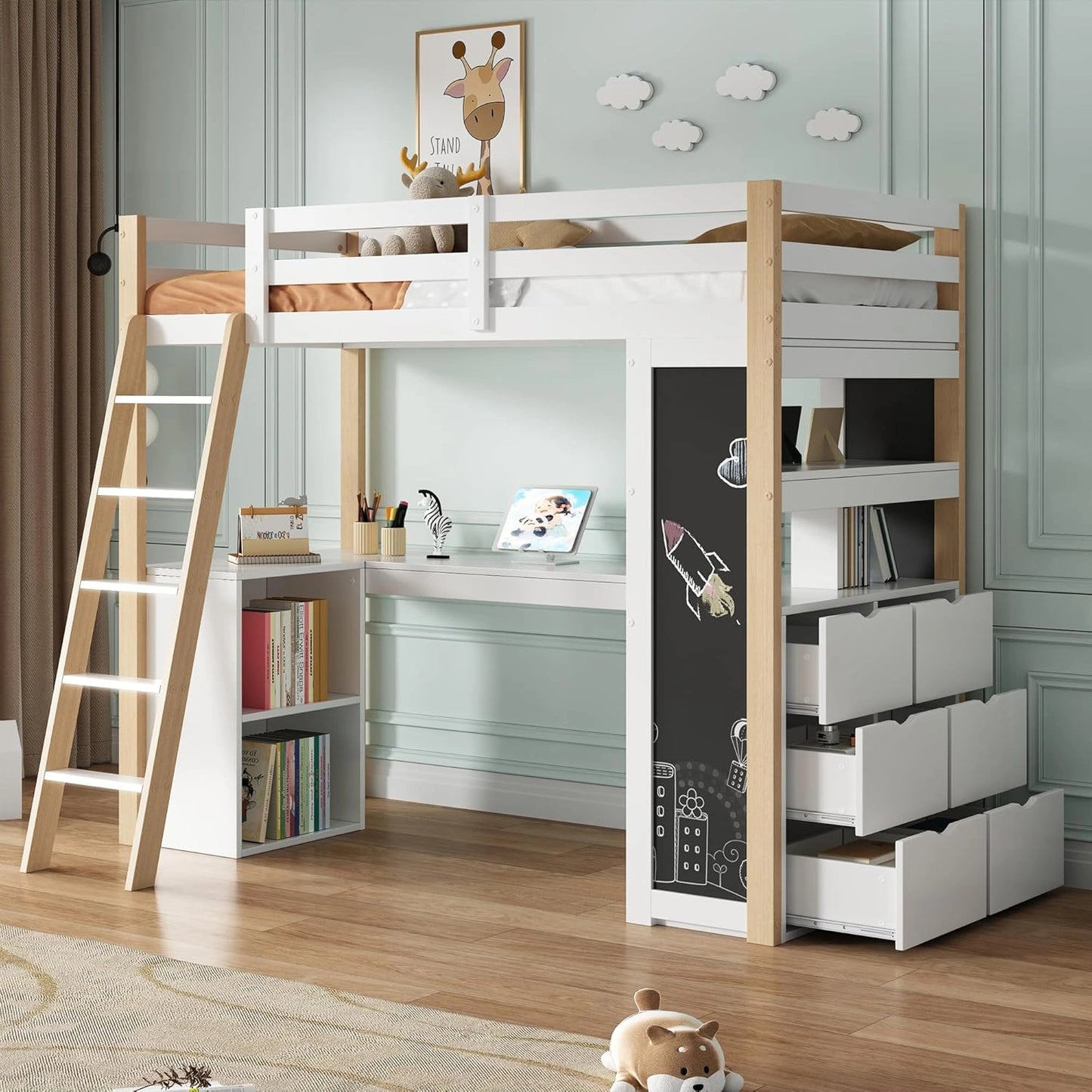 Lit Mezzanine Enfant avec Bureau et Rangement 90x200 - Blanc et Naturel