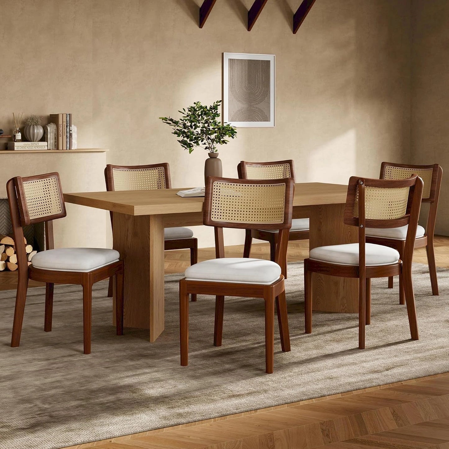 Ensemble de 6 chaises en bois avec dossier en rotin et coussin velours