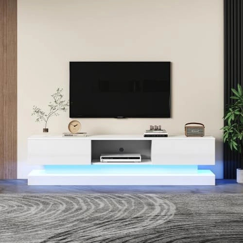 Meuble TV Moderne avec LED, 160 cm, Blanc Brillant, 2 Tiroirs, pour Écran jusqu'à 60 Pouces