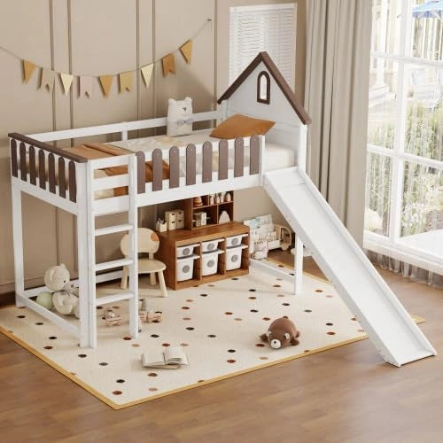 Lit Mezzanine pour Enfant avec Toboggan, Toit et Fenêtres, 90x200 cm, Blanc et Bois Naturel, Sécurité Enfant