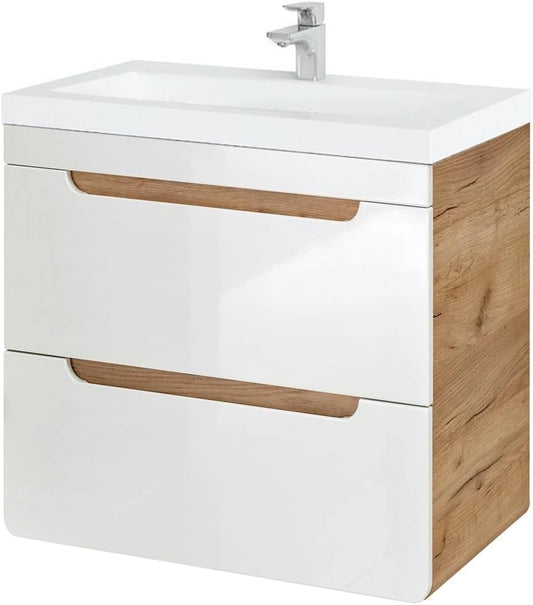Ensemble de meuble de salle de bain blanc brillant, lavabo en céramique, finition chêne, avec 2 tiroirs soft-close