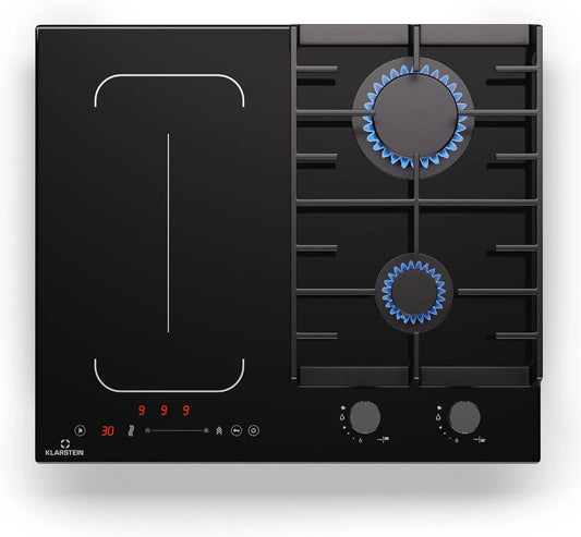 Klarstein MultiChef 4 Feux Mixtes Gaz et Induction, Flexzone, 7 kW, Fonction Stop&Go et Minuterie, Supports en Fonte, 58,5 cm