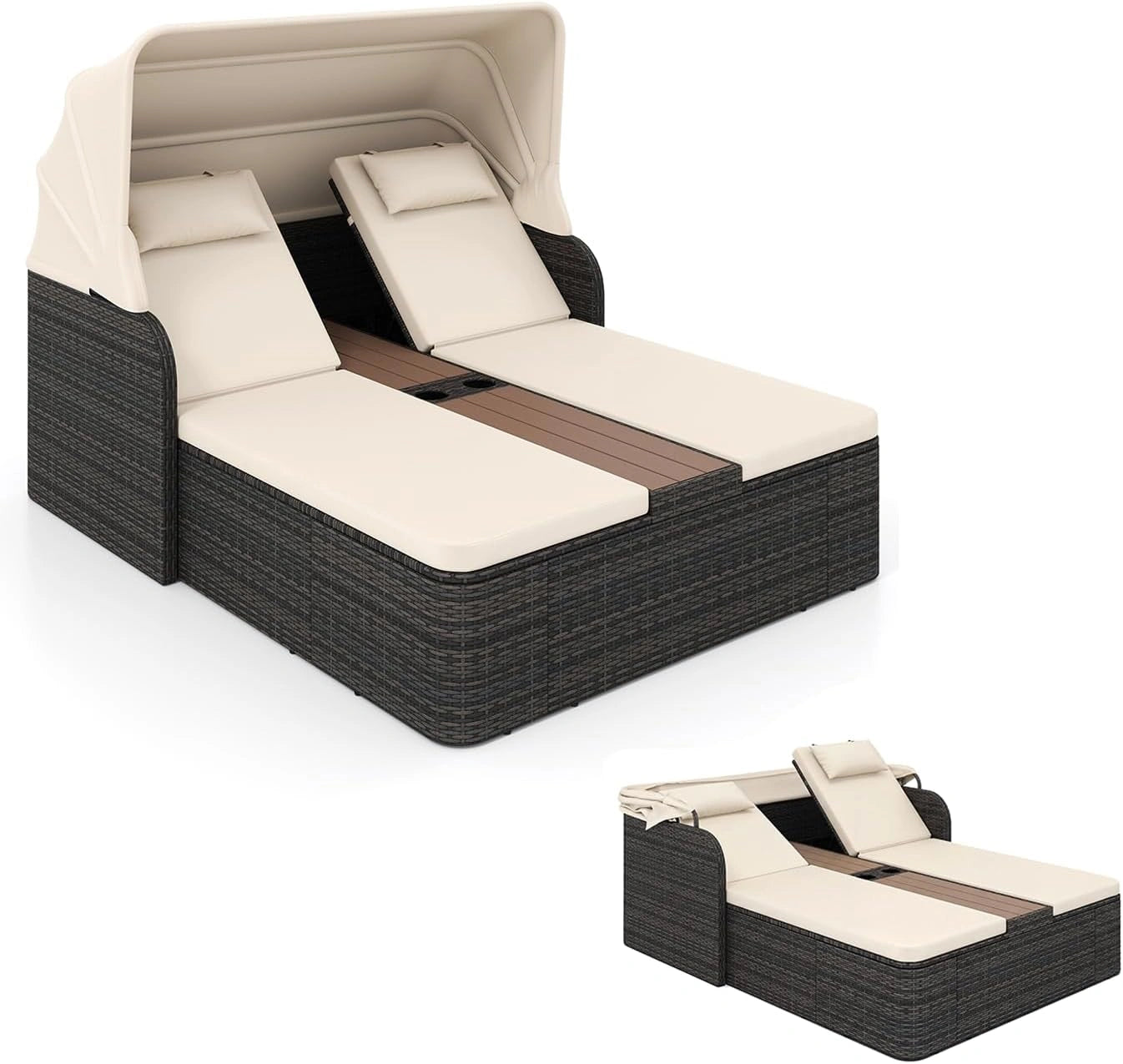 LIFEZEAL Lit de Jardin Double en Rotin avec Dossier Réglable et Auvent, Beige