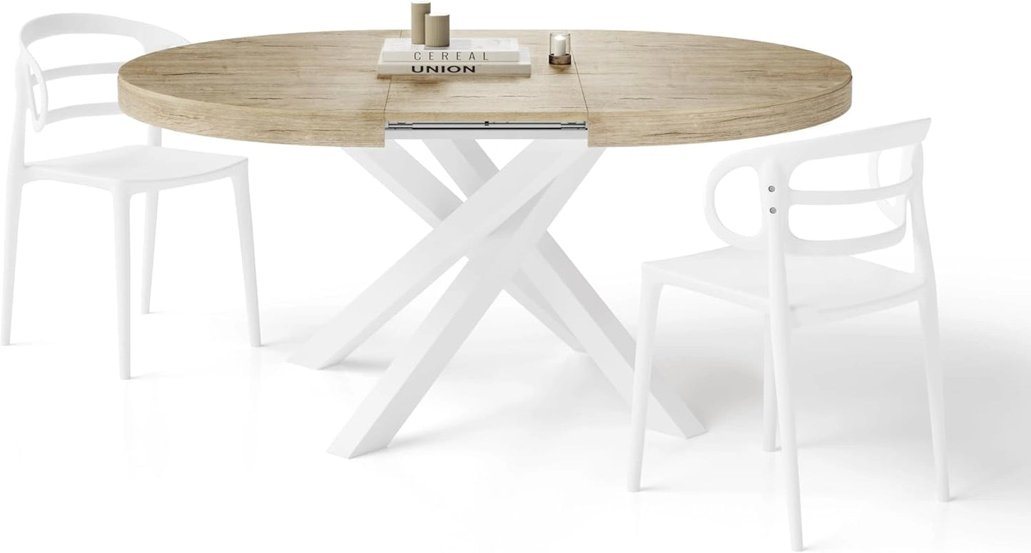 Table À Manger Ronde Extensible Emma, Chêne Naturel et Pieds Blancs, 4-6 Personnes, Fabrication Italienne