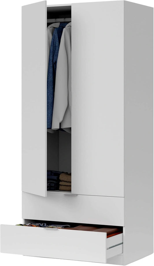 Armoire Penderie Moderne 2 Portes 2 Tiroirs - Blanc, 81,2 x 180 x 52 cm