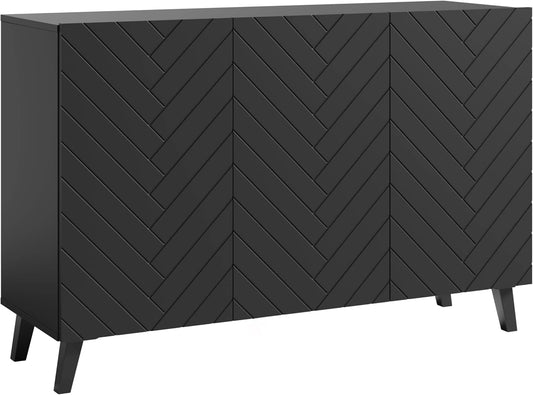 Buffet LOKET 120 cm Noir Mat avec Motif Chevrons, 3 Portes pour Salon