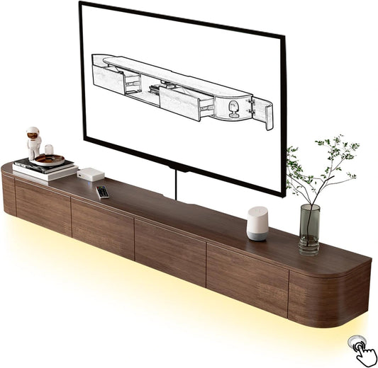 Support TV mural flottant avec éclairage LED et rangement, meuble moderne pour salon, 200 cm, marron