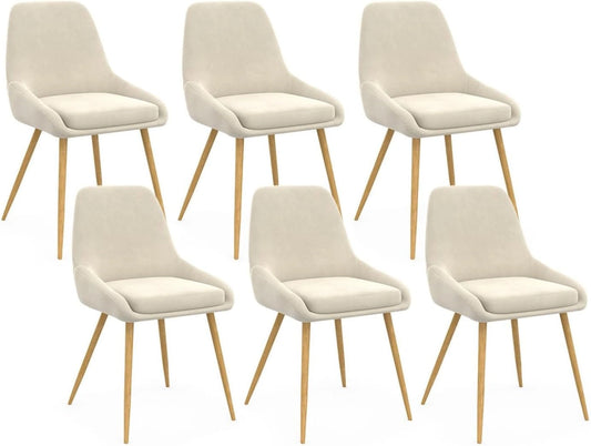 Ensemble de 6 chaises de salle à manger THALYA en velours beige avec pieds effet bois et accoudoirs