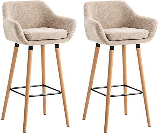 Ensemble de 2 Tabourets de Bar Élégants en Lin avec Dossier et Repose-Pieds, Chaise Haute Rembourrée, Pieds en Bois Massif, Hauteur d’Assise 64 cm (Beige)