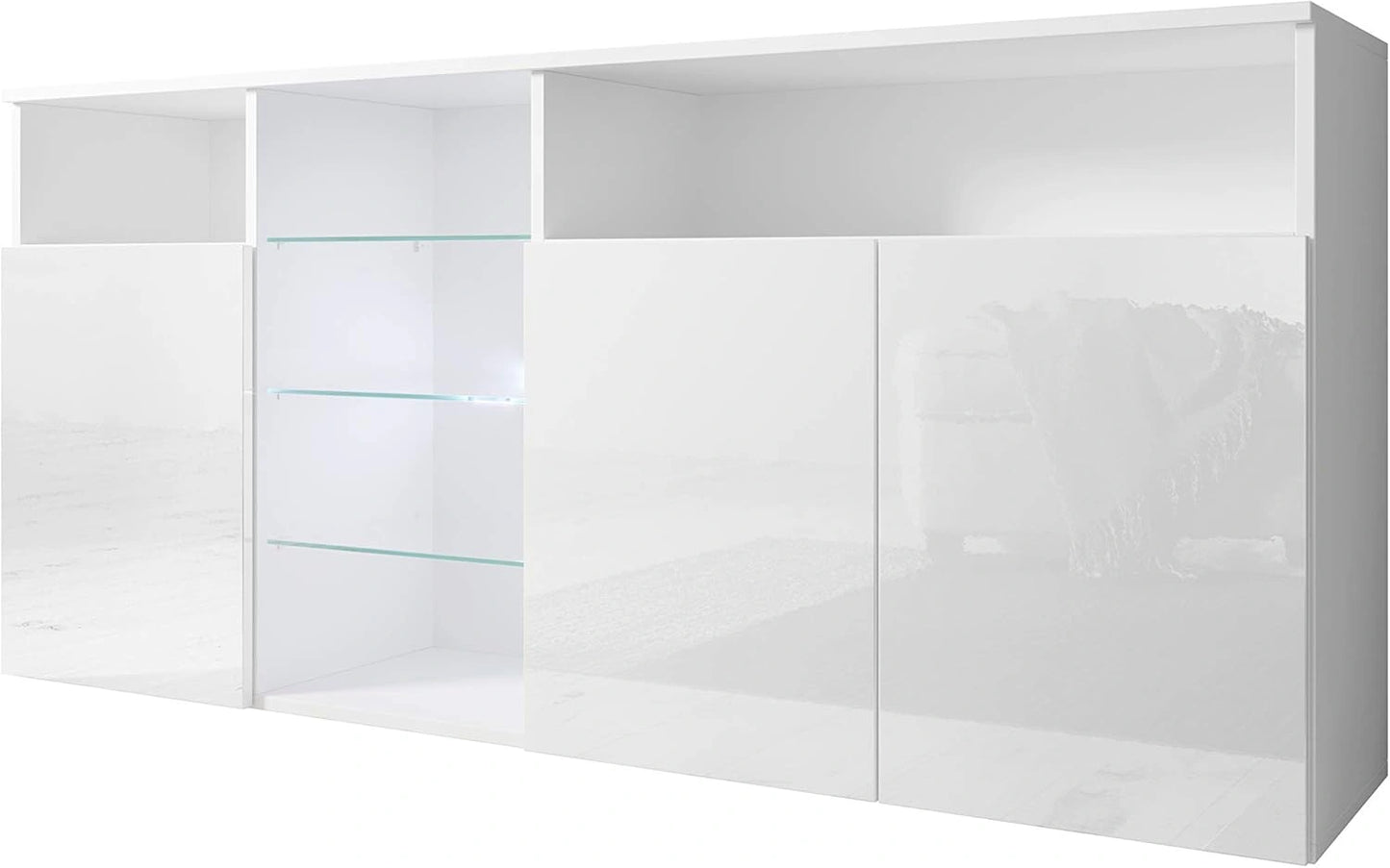 Buffet Moderne Clark avec Éclairage LED, 3 Portes, 150x72x35 cm, Blanc Brillant