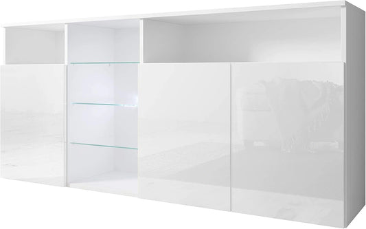 Buffet Moderne Clark avec Éclairage LED, 3 Portes, 150x72x35 cm, Blanc Brillant