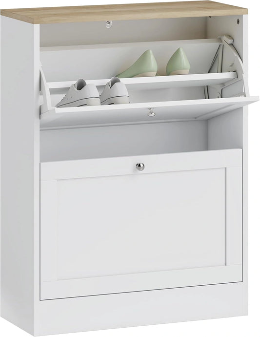Armoire à Chaussures Moderne 12 Paires avec Tiroirs Rabattables et Étagères Ajustables, Blanc, 60x23,5x80 cm
