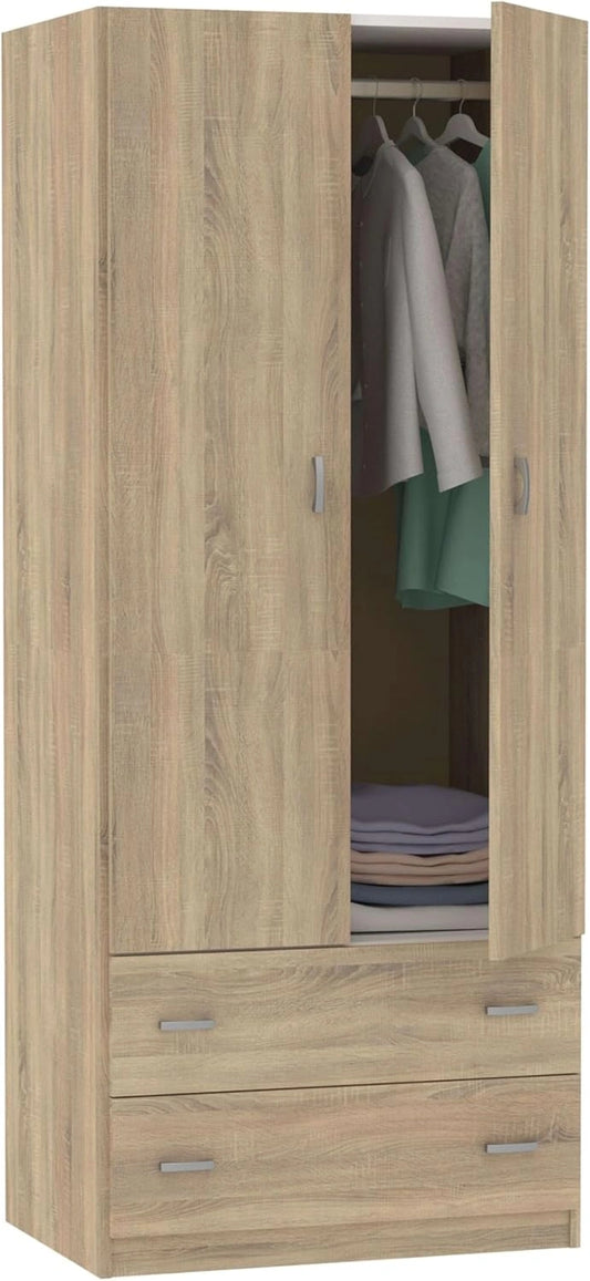 Armoire de Chambre 2 Portes 2 Tiroirs, Chêne Cambrian, 180x74x50 cm, Moderne et Pratique