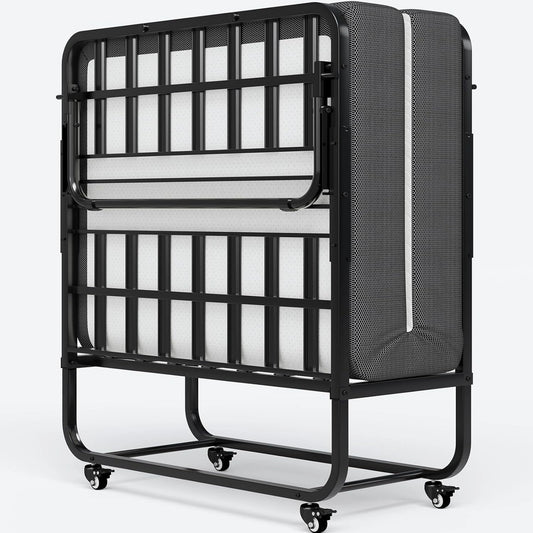 Lit Pliant Adulte 90x200cm avec Matelas en Mousse Mémoire, Charge 250KG, 4 Roulettes