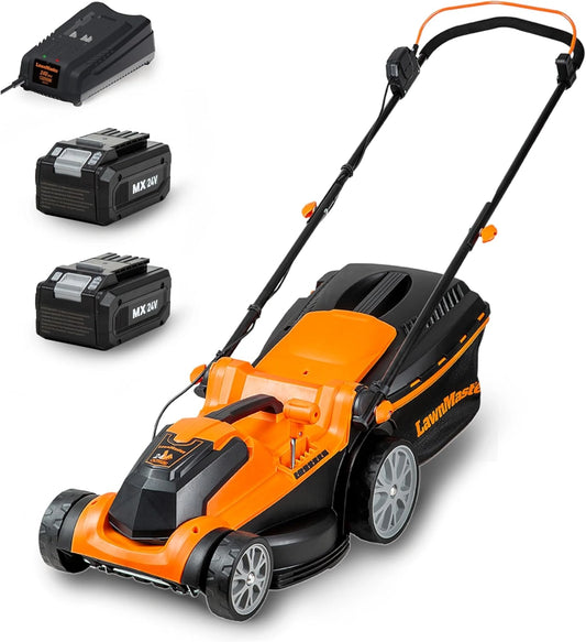 Tondeuse à Gazon Sans Fil 24V avec Batterie 2x4.0Ah, Largeur 37cm, Capacité de Paillage 40L, 6 Niveaux de Hauteur 22-72mm, Surface Jusqu'à 300m²