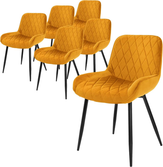 Lot de 6 Chaises de Salle à Manger Moutarde Velours avec Accoudoirs, Pieds Métal Noir, Style Moderne et Confort Ergonomique