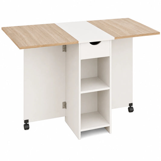 Table à Manger Pliable Extensible avec Tiroir et Étagères pour Petits Espaces