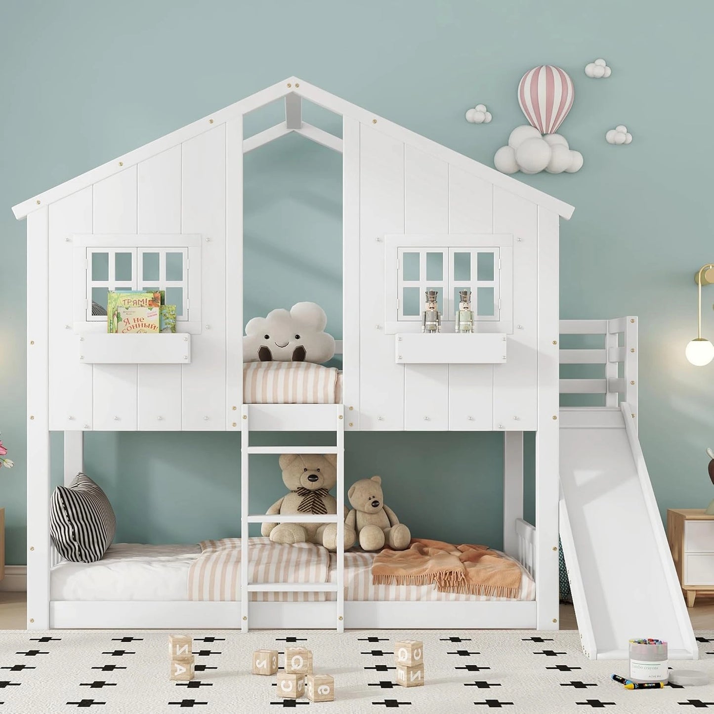 Lit Enfant Superposé avec Toboggan et Toit 90x200 cm, Blanc