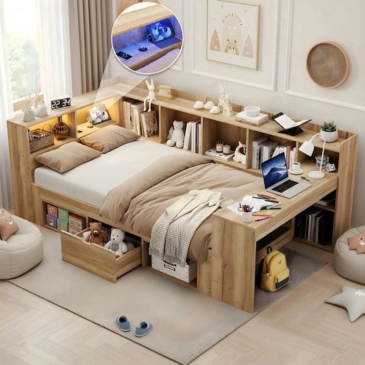Lit Simple Multifonction 90x200 cm avec Bureau, Rangement et Éclairage LED