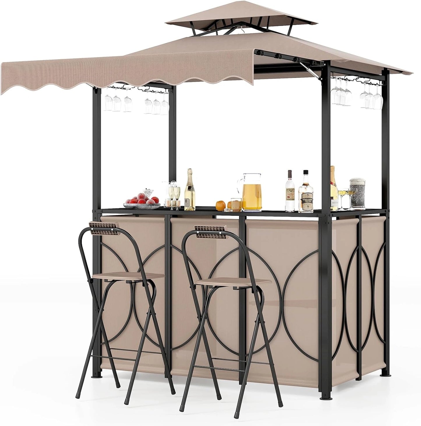 Ensemble de Barbecue Extérieur COSTWAY avec Auvent et Chaises Pliantes, Table de Bar avec Étagères en Métal pour Jardin - Marron