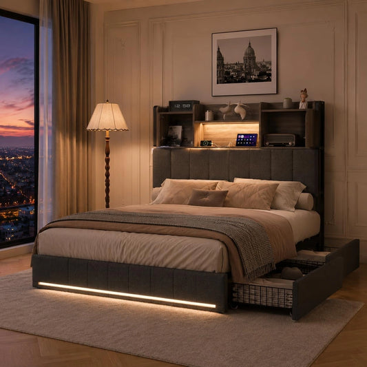 Cadre de Lit 90x200 avec LED RGB et Rangement, Tissu Gris, Tête Multifonction USB-C, Chambre Espace Optimisé