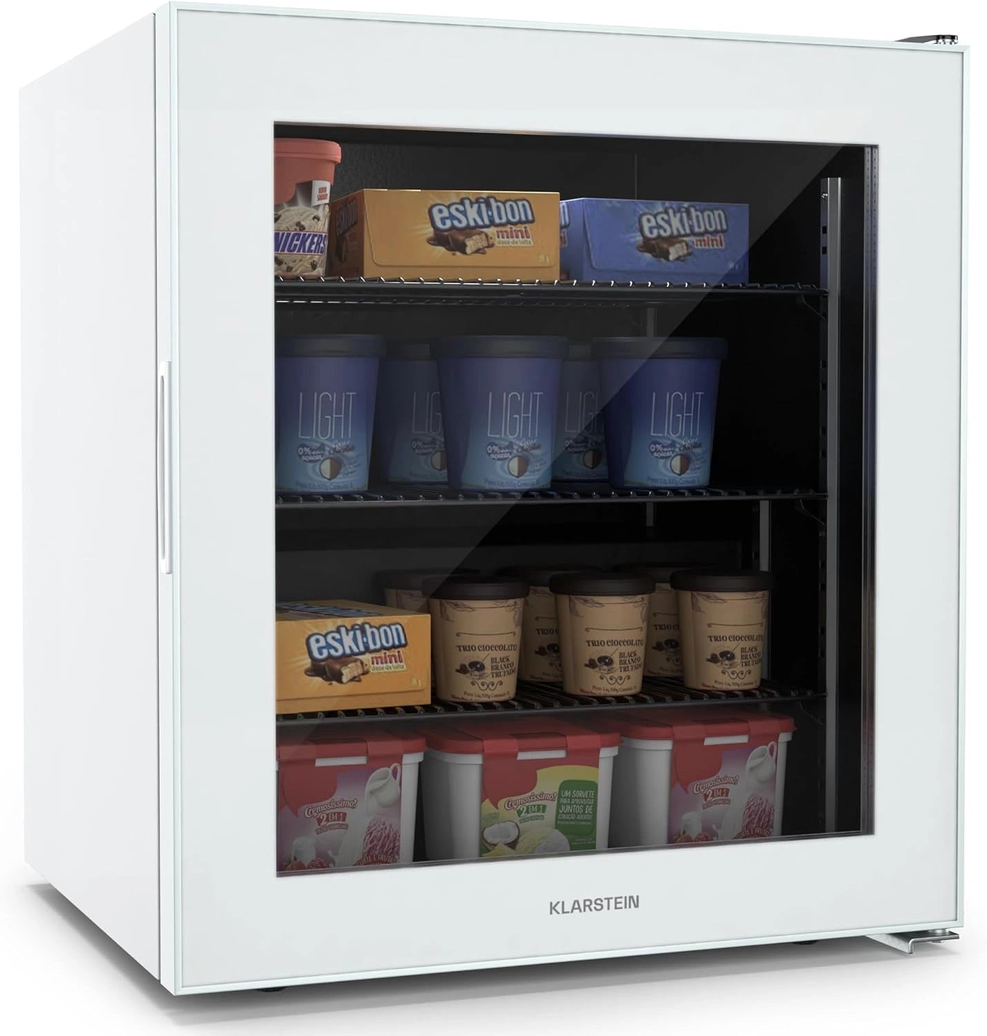 Klarstein IceAge 88 Congélateur Compact, 88L, Température Ajustable, LED Intégrée, 3 Compartiments, Classe Énergétique E, Design Élégant en Verre, Blanc