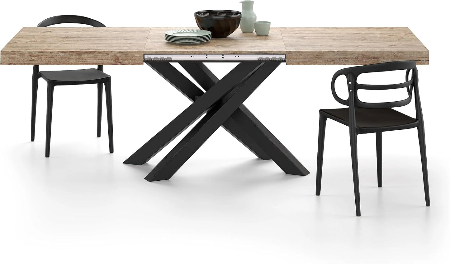 Table à Manger Extensible Emma 160-240 cm, Chêne Naturel et Pieds Noirs Croisés, Pour 6 à 10 Personnes, Fabriqué en Italie