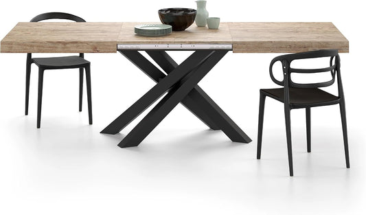 Table à Manger Extensible Emma 160-240 cm, Chêne Naturel et Pieds Noirs Croisés, Pour 6 à 10 Personnes, Fabriqué en Italie