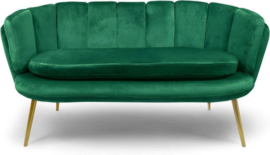 Canapé 2 Places Brenda en Velours Vert avec Pieds Dorés - Design Contemporain Confortable pour Salon