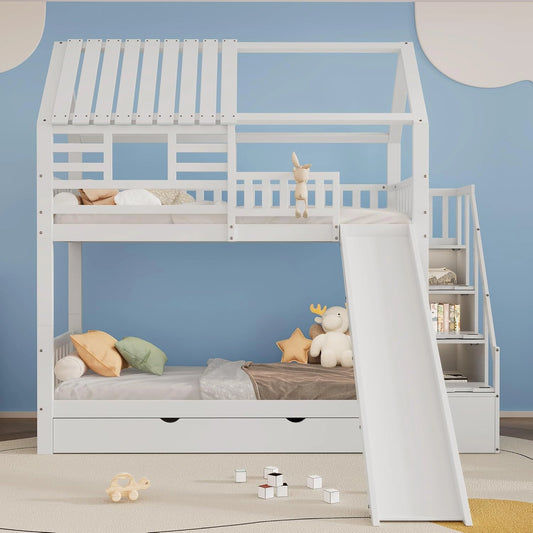 Lit cabane superposé 90x200 cm avec toboggan et escalier de rangement, pour enfant, toit et fenêtres, barrière de sécurité antichute, tiroir, blanc