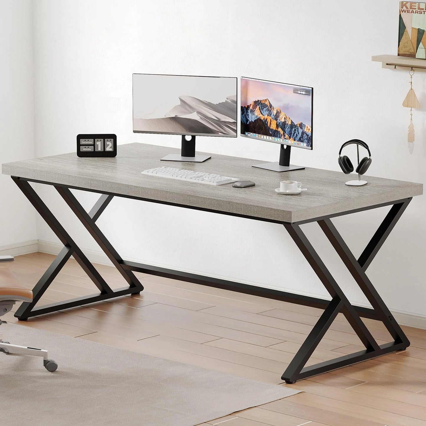 Grand Bureau Industriel en Bois Rustique et Métal avec Rangement, Table d'Ordinateur pour Salon ou Chambre, Chêne Gris 152 cm