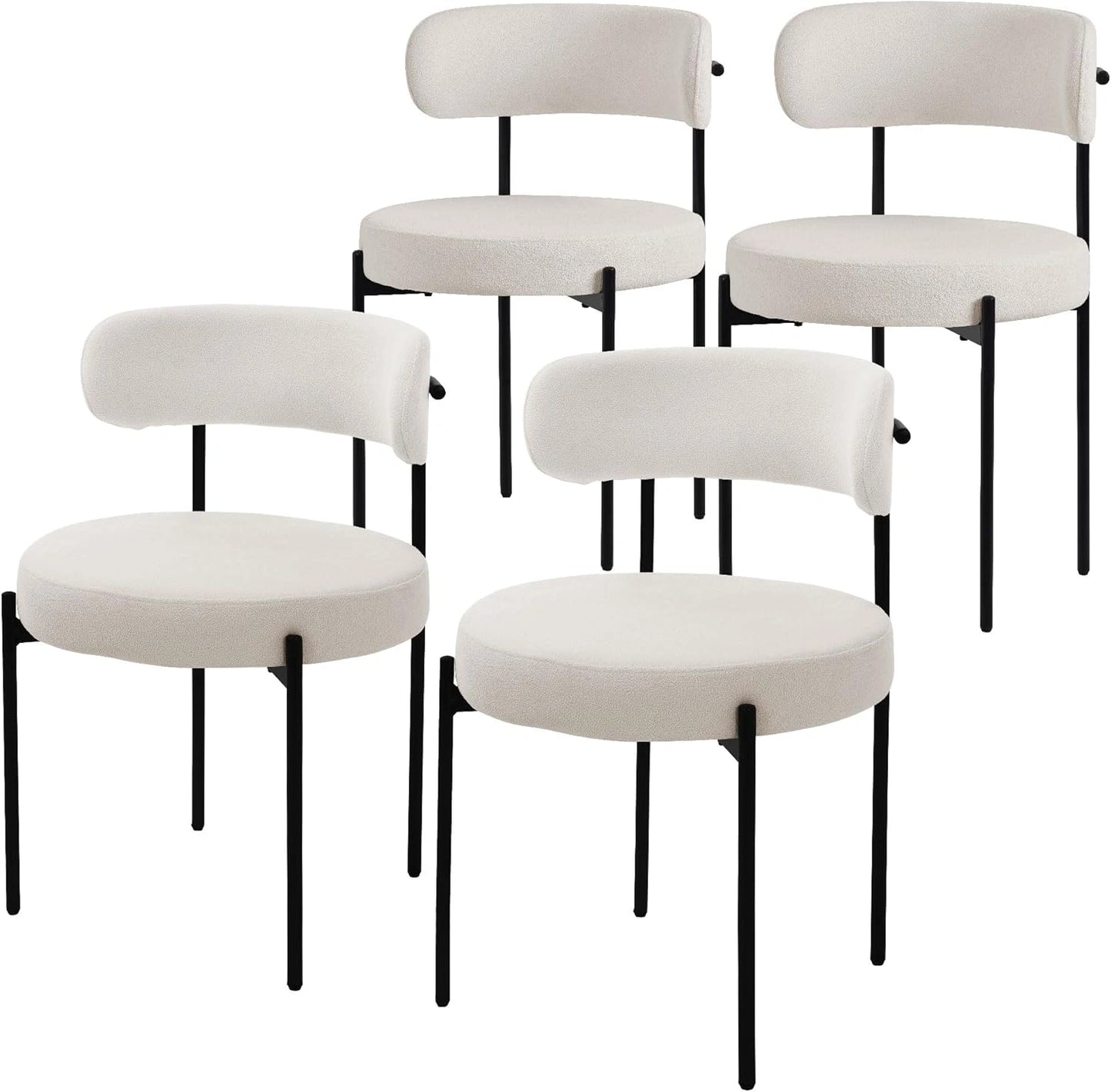 Ensemble de 4 chaises de salle à manger en tissu peluche blanc avec pieds métalliques noirs, design ergonomique